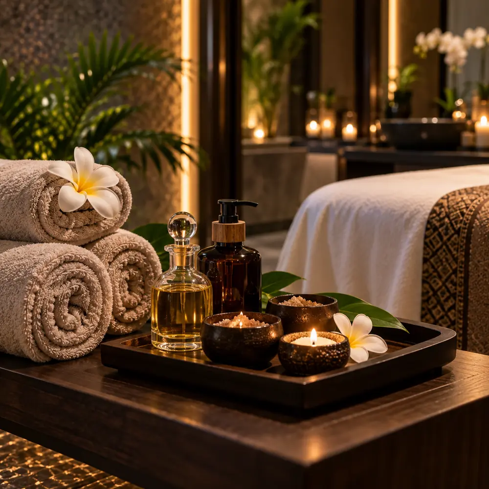 Massage oils and warm towels at Golden VIP Spa